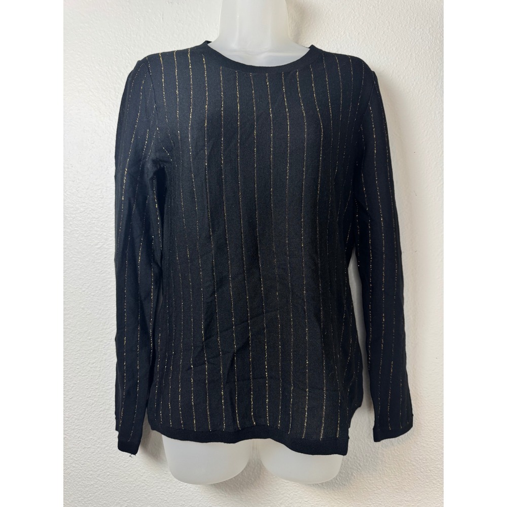 FRAME Noir Multi Metallic Pinstripe Wool Blend Sweater Black Gold M Casual Chic